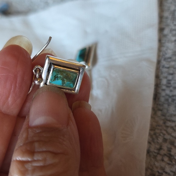 Vintage Turquoise and Silver Rectangular Earrings - Picture 8 of 8